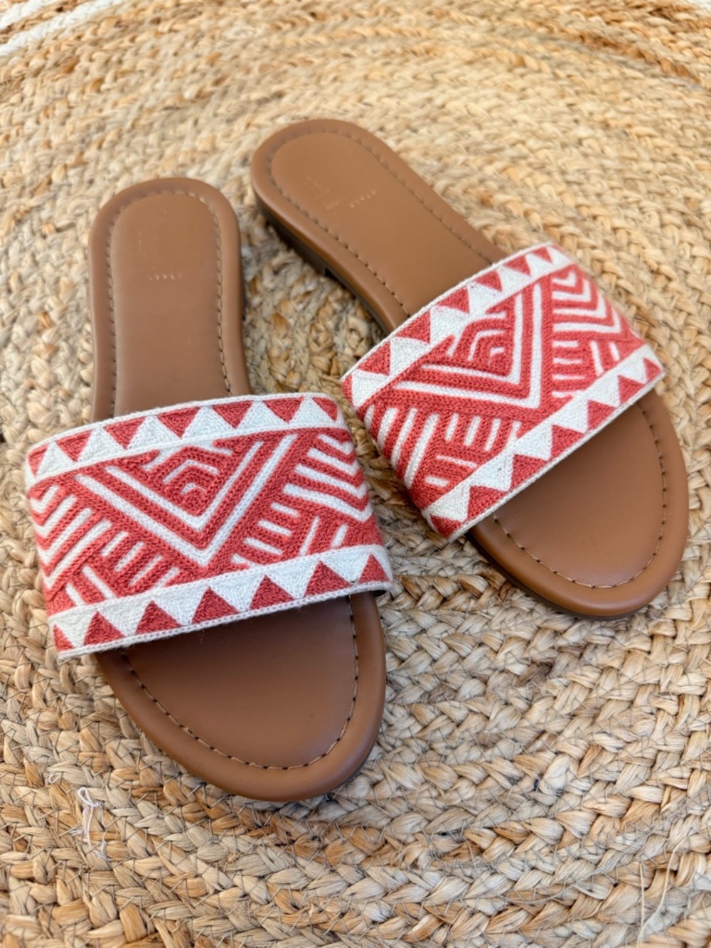 🌾 Haute Hippie Muted Coral and Cream Embroidered Slide Sandals